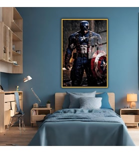 Metal Çerçeveli Cam Tablo Film Karakteri Kaptan Amerika ve Kalkan (Gold)