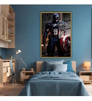 Metal Çerçeveli Cam Tablo Film Karakteri Kaptan Amerika ve Kalkan (Gold)