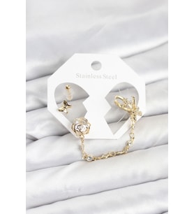Pirinç Gold Renk Kelebekli Model Zincir Bağlantılı Ear Cuff Küpe Seti 5886 - HPSBYI8797-9026