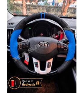 Kia Sportage SL Dikme Direksiyon Kılıfı Delikli Deri Parlak Siyah Mavi Detay Çift Yüzük ve Dikiş 2010-2015
