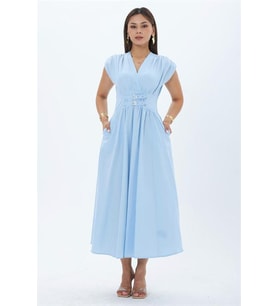 Neşeli butik kadın bebe mavi bel çift toka detaylı cepli kruvaze yaka midi boy elbise NBMY4094