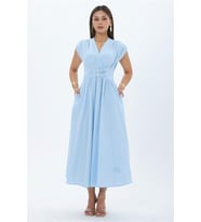Neşeli butik kadın bebe mavi bel çift toka detaylı cepli kruvaze yaka midi boy elbise NBMY4094