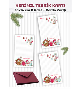 Yılbaşı  Figürlü Bordo Zarflı Tebrik Kartı  Seti, Mutlu Yıllar 8 Adet