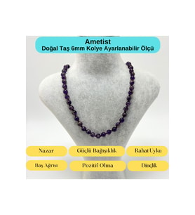 SERTİFİKALI Ametist Doğal Taş 6mm Makrome Kolye 45cm- 55cm Ayarlanabilir Ölçü