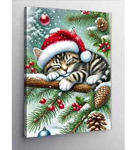 Kanvas Tablo Noel Şapkası Takan Kedi