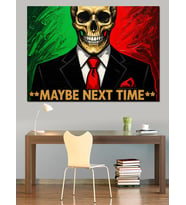 Takım Elbiseli İskelet  "Maybe Next Time" Yeşil Kırmızı Fon Dekoratif Kanvas - Mdf Ahşap Tablo