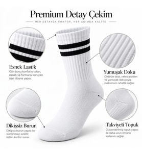 Unisex Beyaz Çorap Siyah Çizgili 12'li Set Uzun Soket Günlük Spor Kolej Stil Kadın Erkek Çorabı