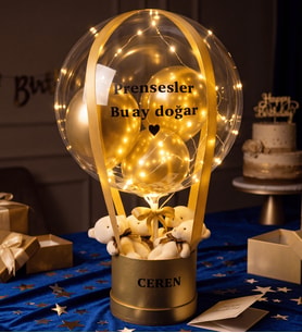 Kişiye Özel İsimli Led Işıklı Uçan Balon Ayıcık Kutusu - Gold Seri Doğum Günü Hediyesi (60 cm)