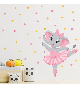 Sevimli Balerin Fil Duvar Sticker Seti, Yıldız ve Puantiye Figürlü Bebek Odası Dekoratif Folyosu