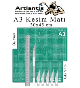 Kesim Matı A3 Kretuar Seti ve Çelik Cevel 30 Cm 1 Adet 30x45 cm Çift Taraflı Çizim Matı Kesme Madı Kesim Tablası Kesim Altlığı (Yeşil)