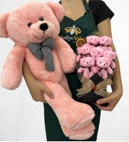 Özel Tasarım 7'li Peluş Ayıcık Buketi ve Büyük Boy Pembe Peluş Ayıcık (Model 1)