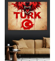 Türkiye Kalp Logo Kurt İllüstrasyon Dekoratif Kanvas - Mdf Ahşap Tablo