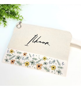İsme Özel Mavi Yaprak ve Renkli Çiçek Desenli Clutch Çanta