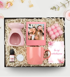 Kişiye Özel İnstagram Çerçeve & Buhurdanlık Seti & Pembe Bubble Mum & Pembe Kupa Hediye Seti
