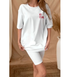 Unisex Baskılı Oversize T-Shirt - Beyaz