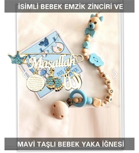 İsimli Bebek Emzik Zinciri ve Mavi Taşlı Bebek Yaka İğnesi BEZYI016