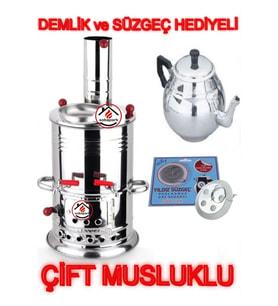 Çift Musluklu Odunlu Kömürlü Paslanmaz Semaver Kendinden Demlikli Semaver Semaver 5 Lt Demlik 1 Lt