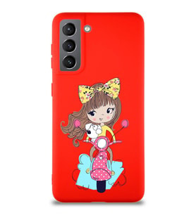 Samsung Galaxy S21 Soft Premier Kapak Vespagirl Tasarımlı Silikon Kılıf - Kırmızı (Şeffaf)