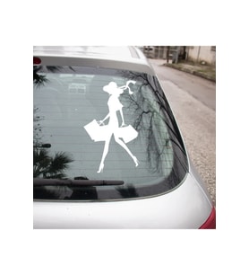 Alışveriş Yapan Kadın Sticker Oto Araba Etiket Beyaz Renk 18CM