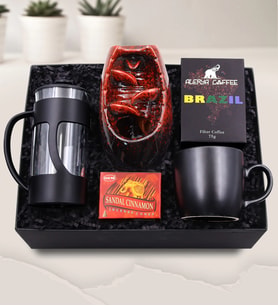 Siyah French Press & Siyah Kupa & 10'lu Sandal Tarçın Tütsü & Tütsü Şelalesi & Alerya Brazil Filtre Kahve Hediye Seti