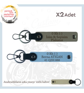 Motosiklet Aşıkları İçin, İsim Plaka ve 0 Rh (-) Kan Grubu Yazılı x2 Anahtarlık Set, Kül Gri-Mavi-SK