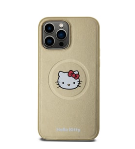 Apple iPhone 15 Pro Max Uyumlu Kılıf Hello Kitty Orjinal Lisanslı M-safe Şarj Özellikli Kitty Head Deri Kapak (Gold)