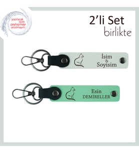 Tatlılık Dolu Tasarım, Kedi Temalı, Kişisel Yazılı Deri Anahtarlık Seti, Beyaz-Açık Yeşil