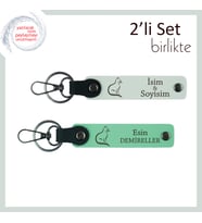 Tatlılık Dolu Tasarım, Kedi Temalı, Kişisel Yazılı Deri Anahtarlık Seti, Beyaz-Açık Yeşil