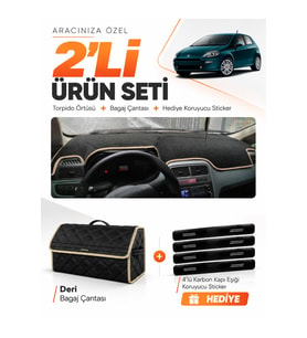 FIAT PUNTO GRANDE (2005-2018) Uyumlu Torpido Örtüsü + Deri Bagaj Çantası + Sticker Seti - Siyah Bej