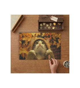 Sonbahar Yapraklarının Arasında Sevimli Yavru Kedi Tasarımı 240 parça Ahşap Puzzle Ahşap Kutuda MP03028