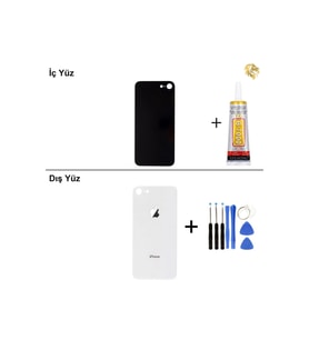 iPhone 8G Gümüş Arka Kapak Arka Cam Batarya Kapağı Lazer Kesim Kapak Pil Kapağı + B-7000 Yapıştırıcı + Tamir Seti