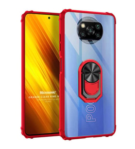 Microsonic Xiaomi Poco X3 Pro Kılıf Grande Clear Ring Holder Kırmızı