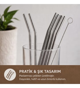 6'lı Kaşıklı Pipet Seti - Metal - Pipet Temizleme Fırçası
