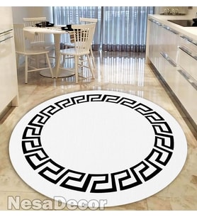 Kaymaz Taban Makinede Yıkanabilir Çerçeveli Yuvarlak Halı Geometrik Desenli Modern Mutfak Salon Halı