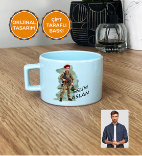 Kişiye Özel Karikatürlü Asker Pastel Fincan Askere Hediye Asker Sevgiliye Hediye (Mavi)