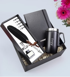 Kişiye Özel Kulplu 280 ML Çelik Termos & Siyah Defter & Divit Uçlu Tüylü Kalem Hediye Seti
