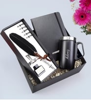 Kişiye Özel Kulplu 280 ML Çelik Termos & Siyah Defter & Divit Uçlu Tüylü Kalem Hediye Seti