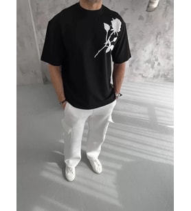 Unisex Bisiklet Yaka Baskılı Oversize T-Shirt - Siyah