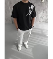Unisex Bisiklet Yaka Baskılı Oversize T-Shirt - Siyah