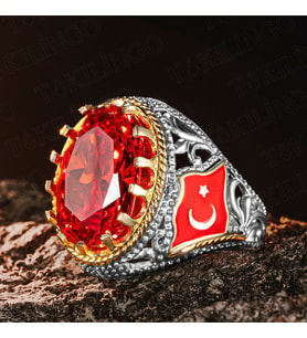 925 Ayar Gümüş Kırmızı Zirkon Taşlı Ayyıldız İşlemeli Usta İşi Erkek Yüzük