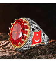 925 Ayar Gümüş Kırmızı Zirkon Taşlı Ayyıldız İşlemeli Usta İşi Erkek Yüzük