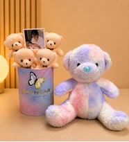 Kişiye Özel Fotoğraflı Gökkuşağı Pastel Rüyası Peluş Ayıcık Buketi Peluş Ayıcık