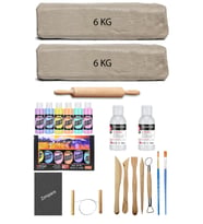 Seramik Hamuru 12 kg Kil Ebeşuar Akrilik Boya 6 Pastel Parlak Vernik Merdane Seti