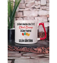 Dünyanın En İyi Okul Öncesi Öğretmeni Baskılı Kişiye Özel Öğretmenler Günü Kırmızı Kulplu Kupa