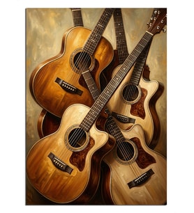 Üç Gitar Üst Üste Akustik Gitar Dekoratif Kanvas - Mdf Ahşap Tablo