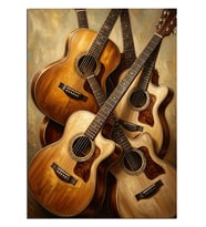 Üç Gitar Üst Üste Akustik Gitar Dekoratif Kanvas - Mdf Ahşap Tablo