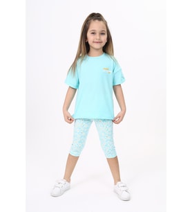 Toontoy Kız Çocuk Göğsü Cute Chamomle Baskılı Kaprili Takım (Mint Yeşili)