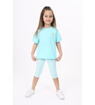 Toontoy Kız Çocuk Göğsü Cute Chamomle Baskılı Kaprili Takım (Mint Yeşili)