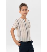 Kısa Kol Şile Bezi Bisiklet Yaka Yazlık Erkek Çocuk Tshirt Ekru Gri Çizgili 3028