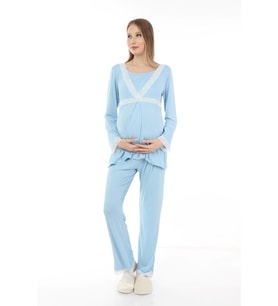 Luvmabelly MYRA9707 Dantelli Emzirme Hamile Pijama Takımı -Mavi